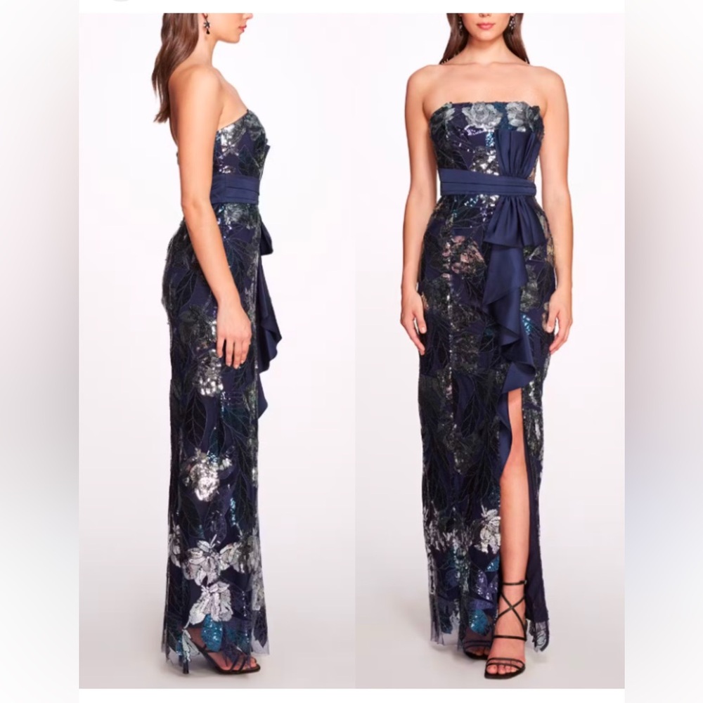 Marchesa Notte Navy & Silver Sequin
Mikado Bow Gown With Deep Slit Size 10